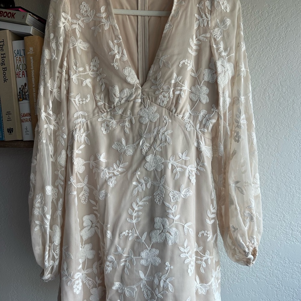 Tularosa Elegant Cream Floral Dress perfect for rehearsal or wedding